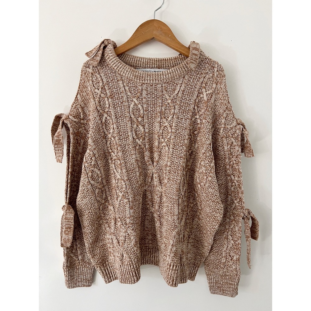 Project Naadam Women's Brown Cable Knit Sweater Cold Shoulder Tie Sleeve